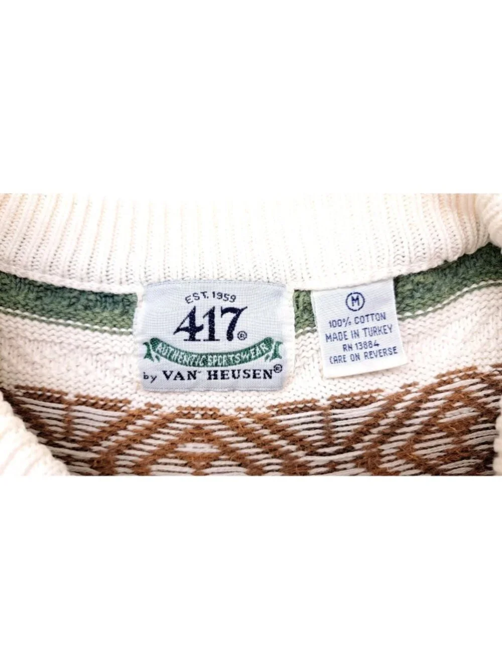 Vintage Van Heusen 417 Sweater Men Medium Striped Green Brown Grandpa Geometric